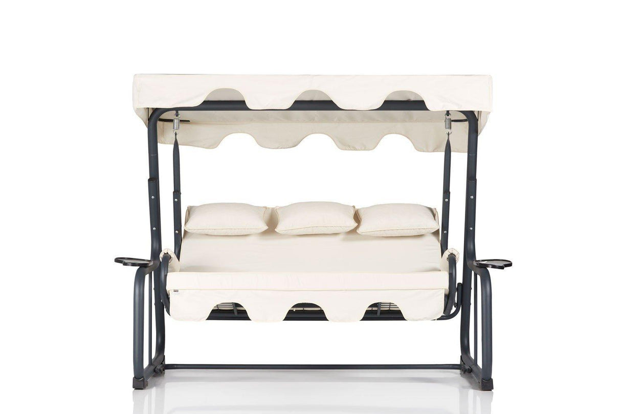 Balansoar de gradina 3 locuri cu suport pahare Meysu, Crem, 200 x 110 x 165 cm