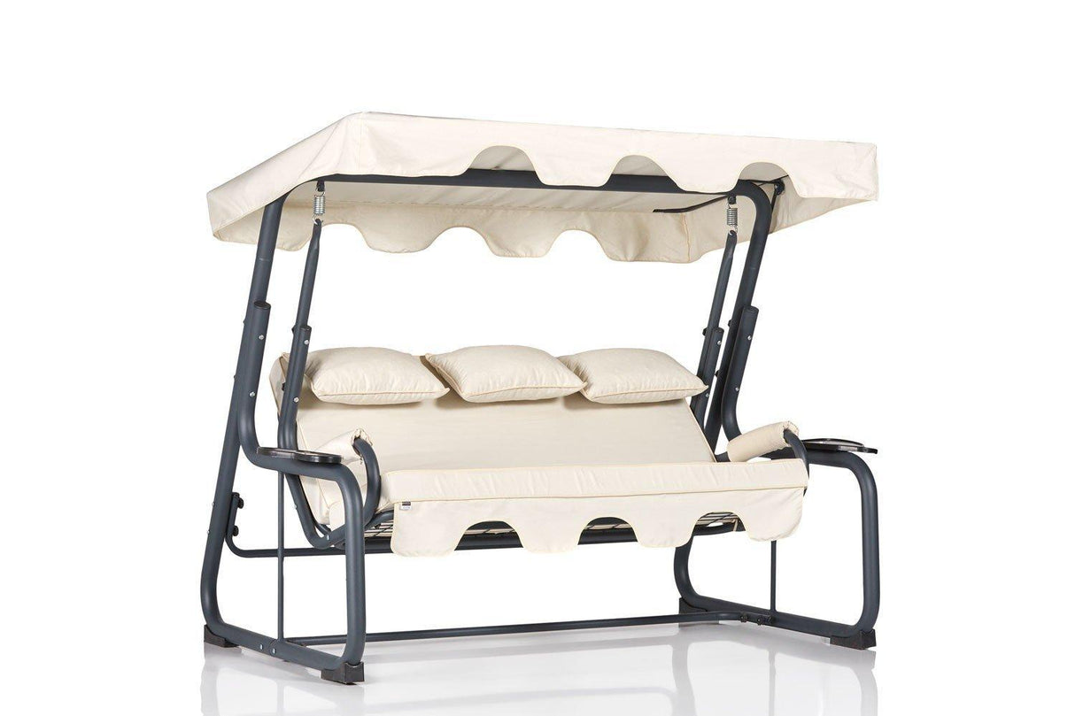 Balansoar de gradina 3 locuri cu suport pahare Meysu, Crem, 200 x 110 x 165 cm