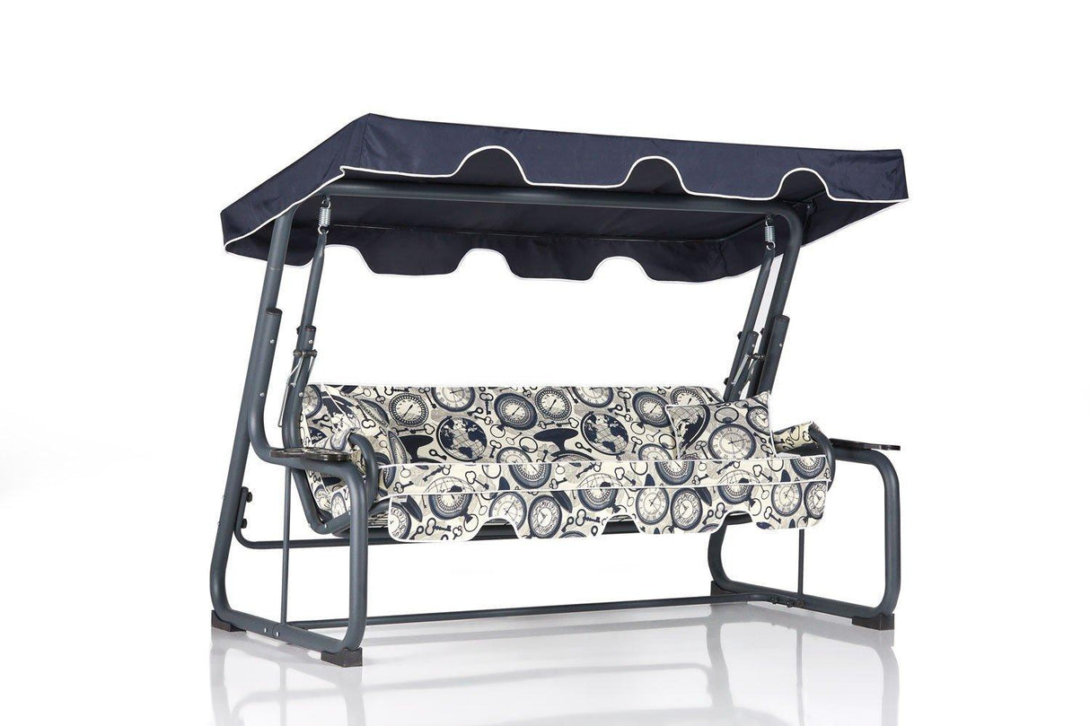 Balansoar de gradina extensibila 3 locuri cu suport pahare Braila, Albastru Alb, 200 x 165 x 110 cm