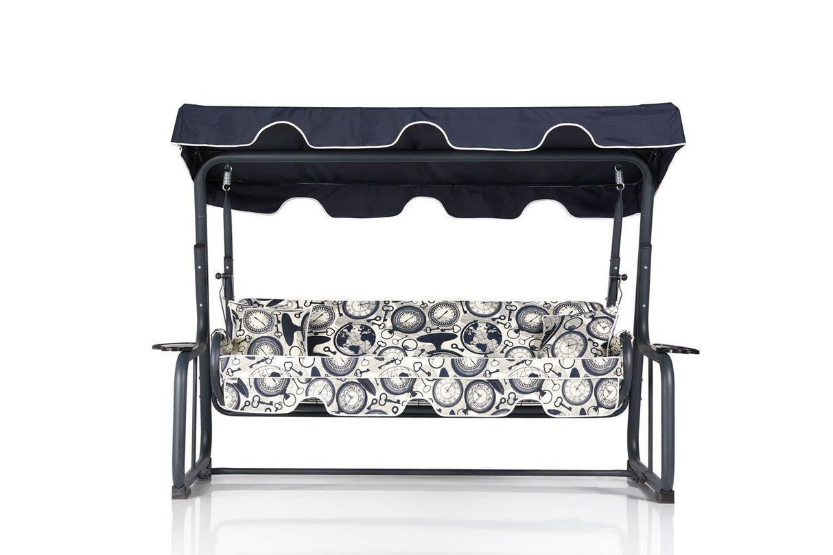 Balansoar de gradina extensibila 3 locuri cu suport pahare Braila, Albastru Alb, 200 x 165 x 110 cm