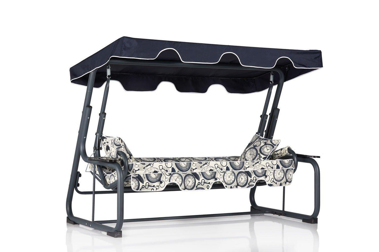 Balansoar de gradina extensibila 3 locuri cu suport pahare Braila, Albastru Alb, 200 x 165 x 110 cm