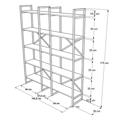 Biblioteca Advantex 5 rafturi Lung cadru metal, Stejar, 144 x 175 x 30 cm