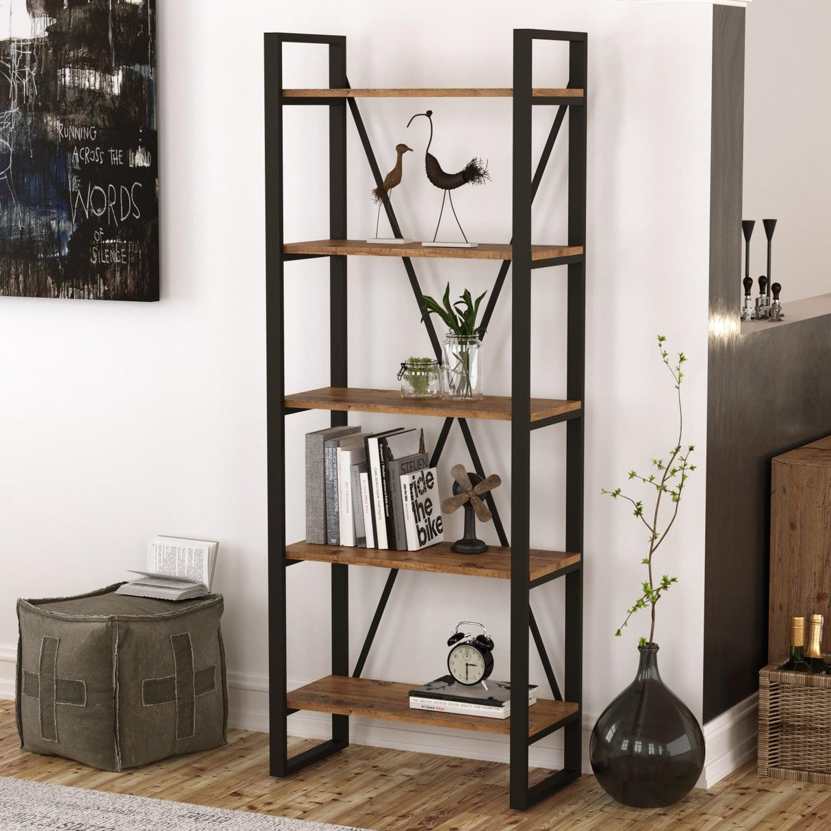 Biblioteca Booking cadru metal cu 5 rafturi, Stejar, 69 x 180 x 34 cm