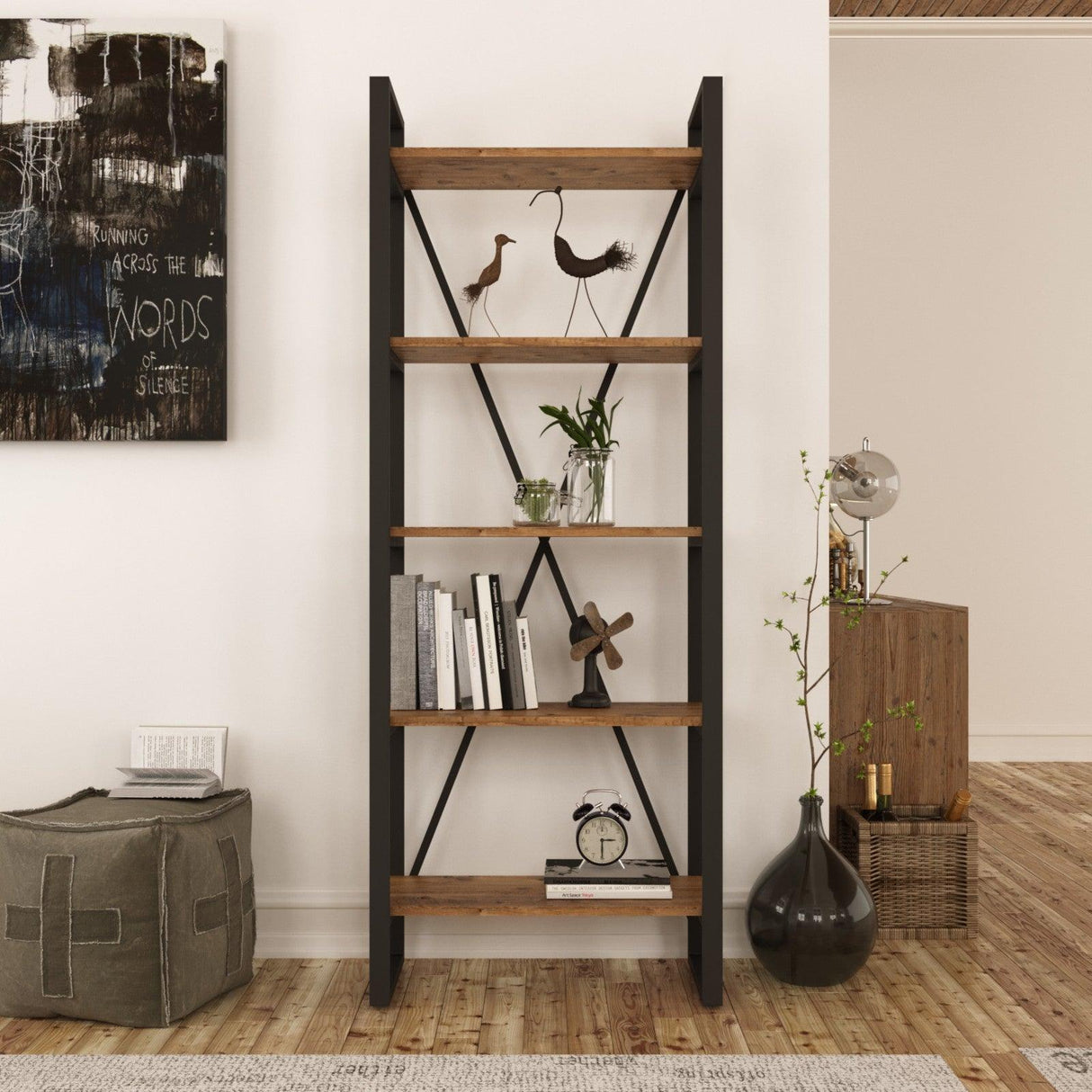 Biblioteca Booking cadru metal cu 5 rafturi, Stejar, 69 x 180 x 34 cm