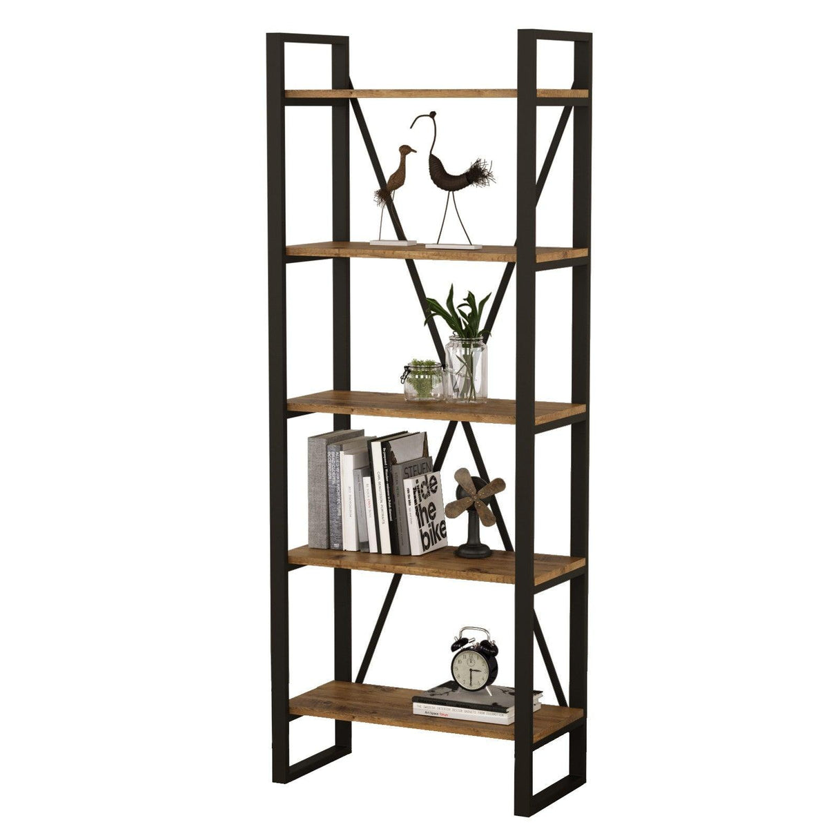 Biblioteca Booking cadru metal cu 5 rafturi, Stejar, 69 x 180 x 34 cm