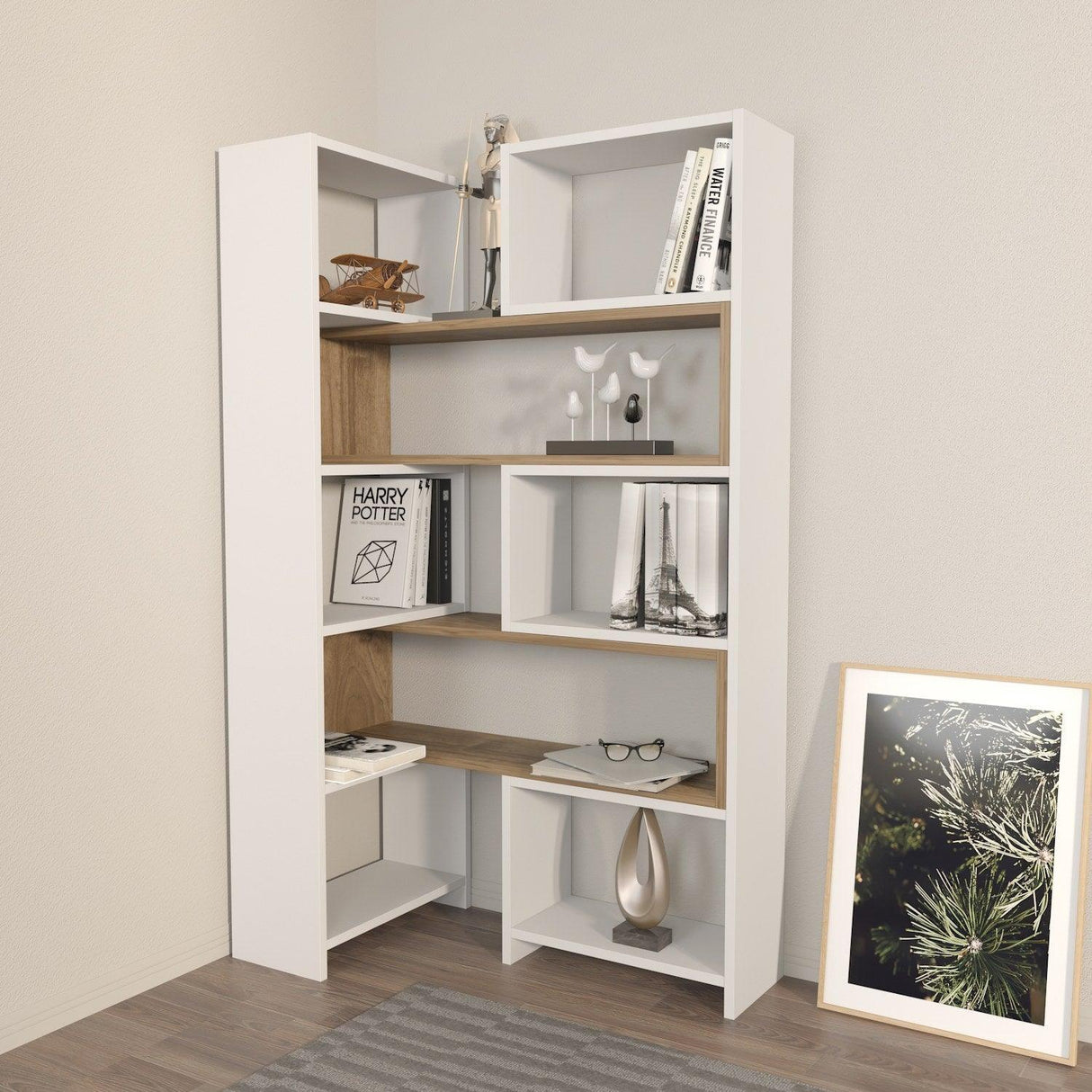 Bibliotecă de Colț Multifuncțională, 163x150x22 cm - Nuc Alb