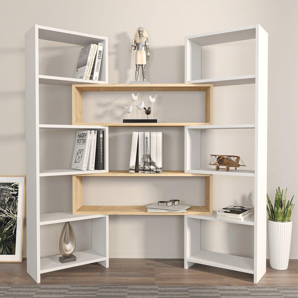 Bibliotecă de Colț Multifuncțională, 163x150x22 cm - stejar alb