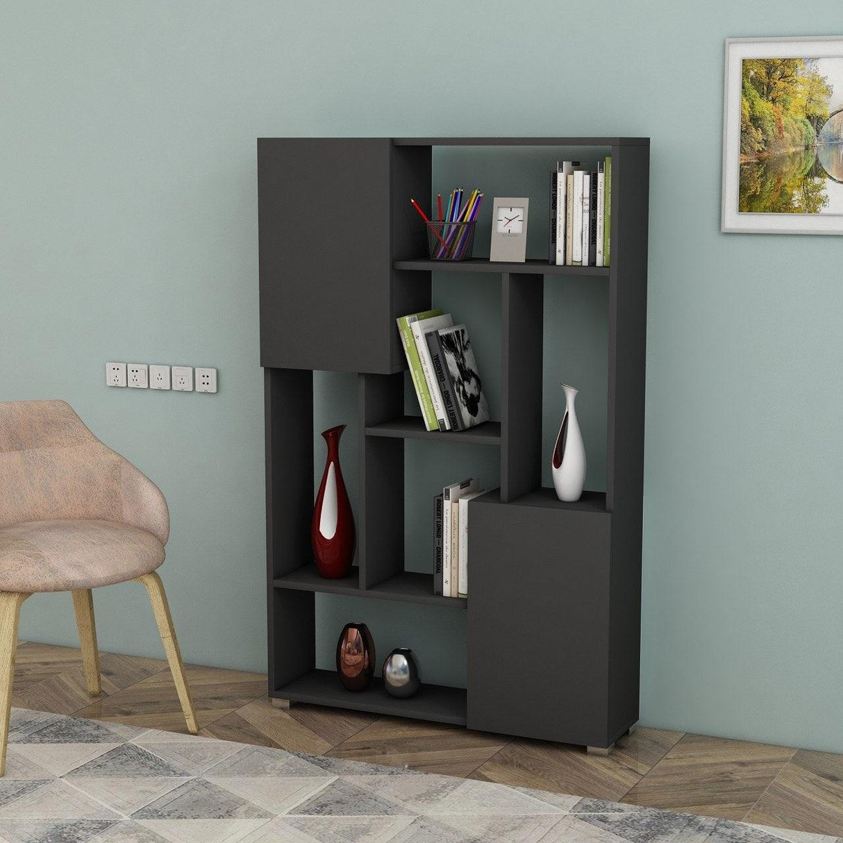 Biblioteca De Wills 2 Usi cu 6 Rafturi, Gri - Stejar, 90x141x24 cm - Gri