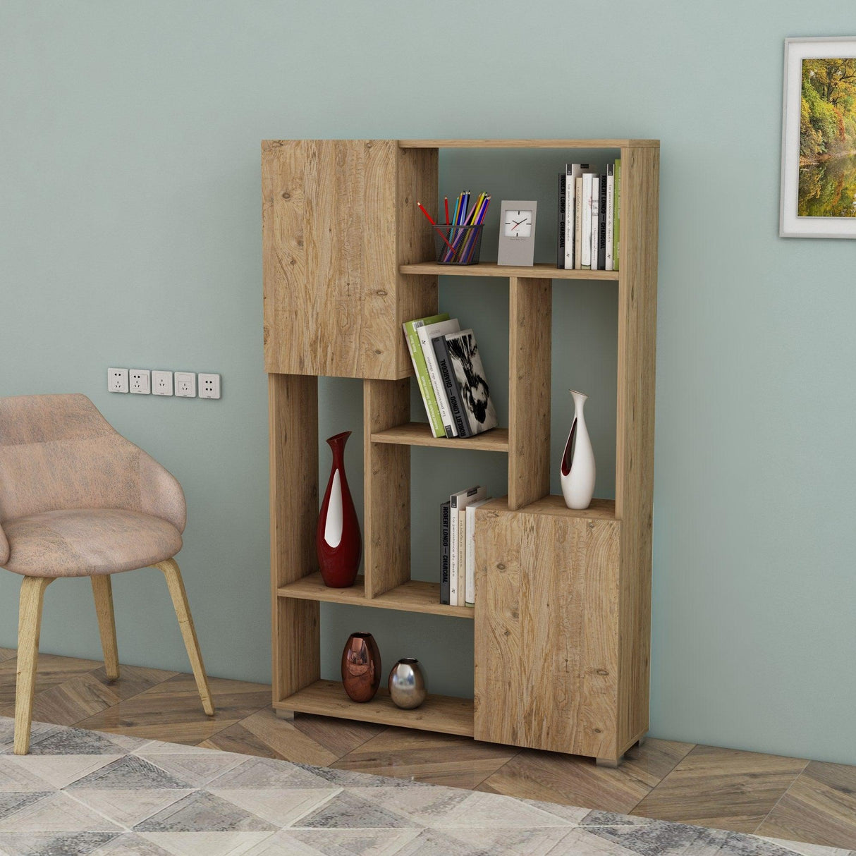 Biblioteca De Wills 2 Usi cu 6 Rafturi, Gri - Stejar, 90x141x24 cm - Stejar