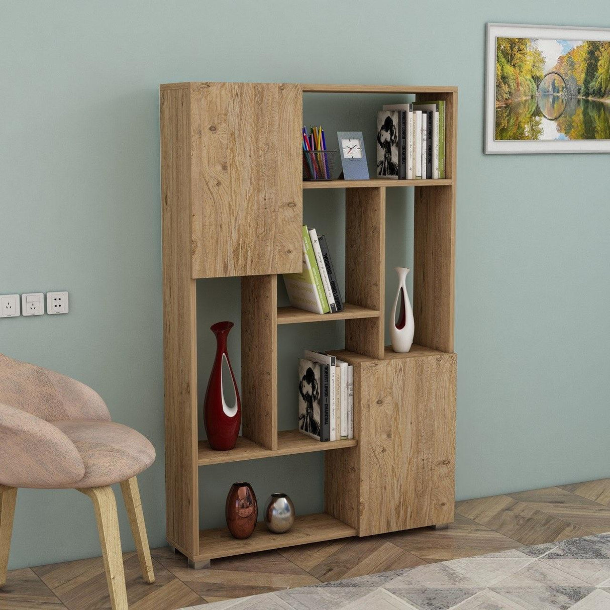 Biblioteca De Wills 2 Usi cu 6 Rafturi, Gri - Stejar, 90x141x24 cm - Stejar