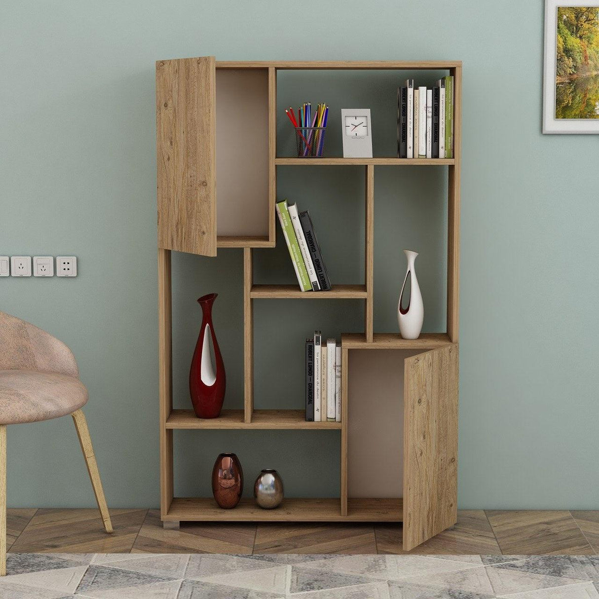 Biblioteca De Wills 2 Usi cu 6 Rafturi, Gri - Stejar, 90x141x24 cm - Stejar