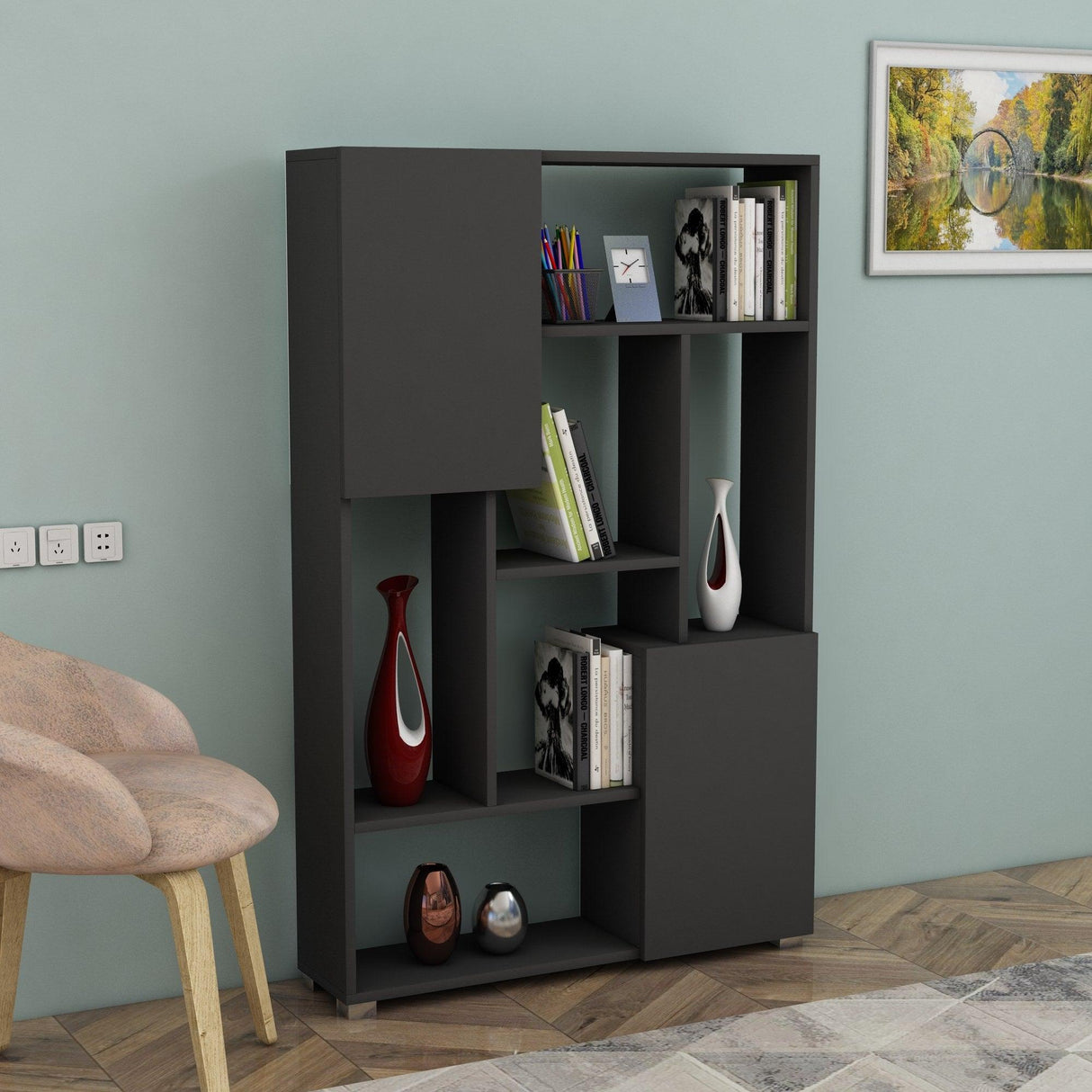 Biblioteca De Wills 2 Usi cu 6 Rafturi, Gri - Stejar, 90x141x24 cm - Gri