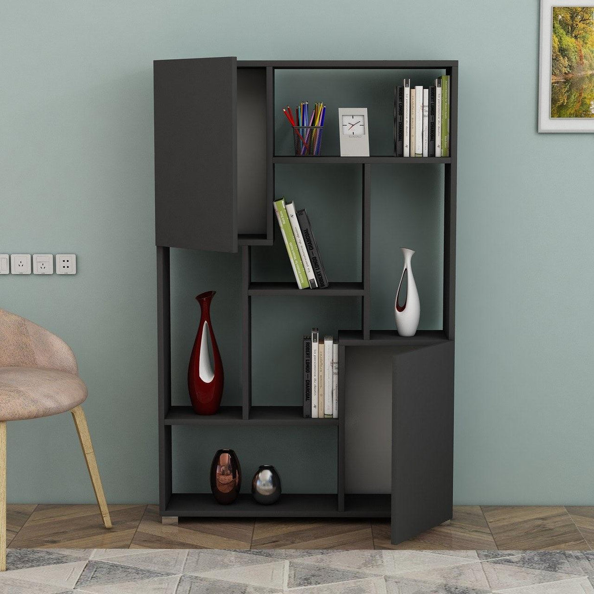 Biblioteca De Wills 2 Usi cu 6 Rafturi, Gri - Stejar, 90x141x24 cm - Gri