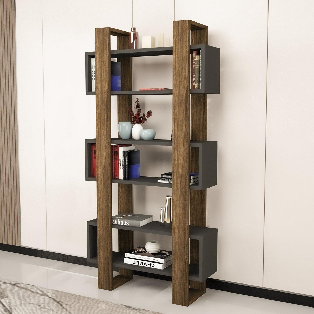 Biblioteca Elegant Carmen, 6 rafturi, Anthracite - Nuc, 80 x 160 x 26 cm