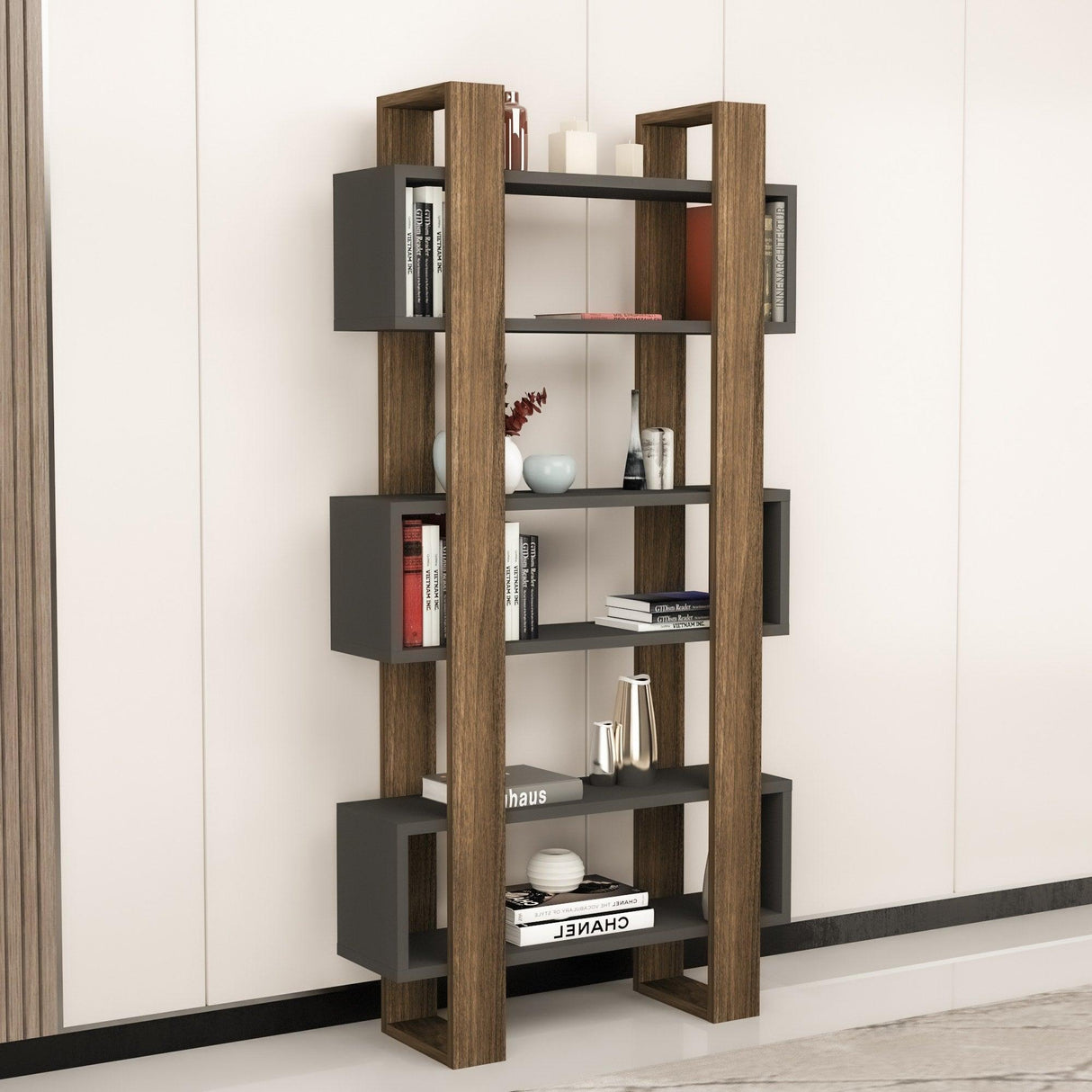 Biblioteca Elegant Carmen, 6 rafturi, Anthracite - Nuc, 80 x 160 x 26 cm