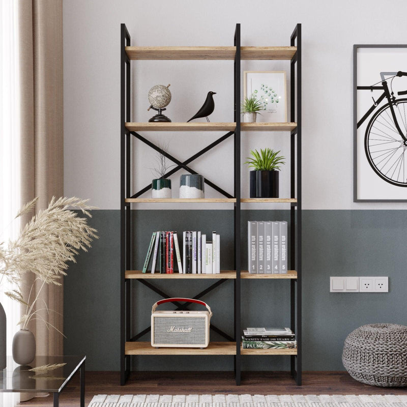Biblioteca Kinesis cadru metalic 5 rafturi, Stejar, 88 x 175 x 30 cm