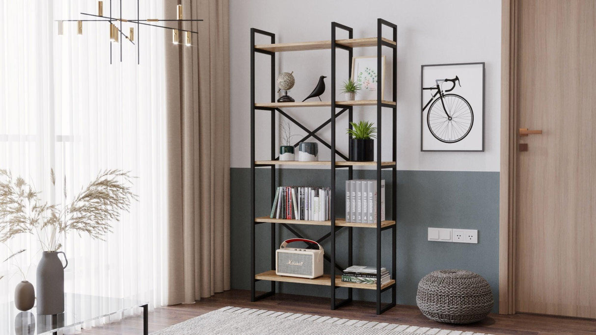 Biblioteca Kinesis cadru metalic 5 rafturi, Stejar, 88 x 175 x 30 cm