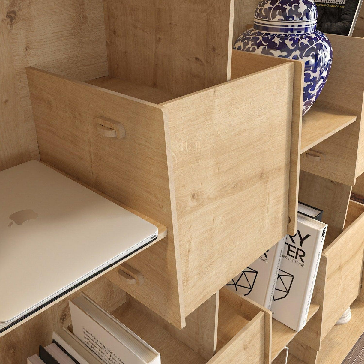 Biblioteca Papito, 9 Rafturi si 4 Compartimente, Stejar, 137 X 138 X 27 Cm