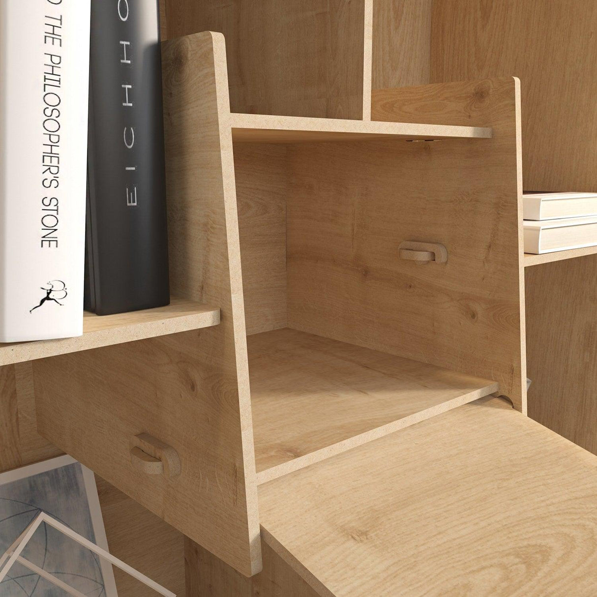 Biblioteca Papito, 9 Rafturi si 4 Compartimente, Stejar, 137 X 138 X 27 Cm