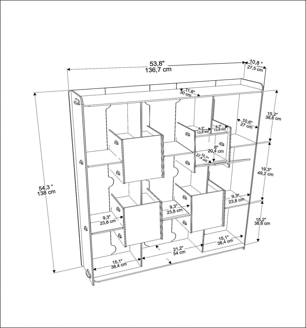 Biblioteca Papito, 9 Rafturi si 4 Compartimente, Stejar, 137 X 138 X 27 Cm