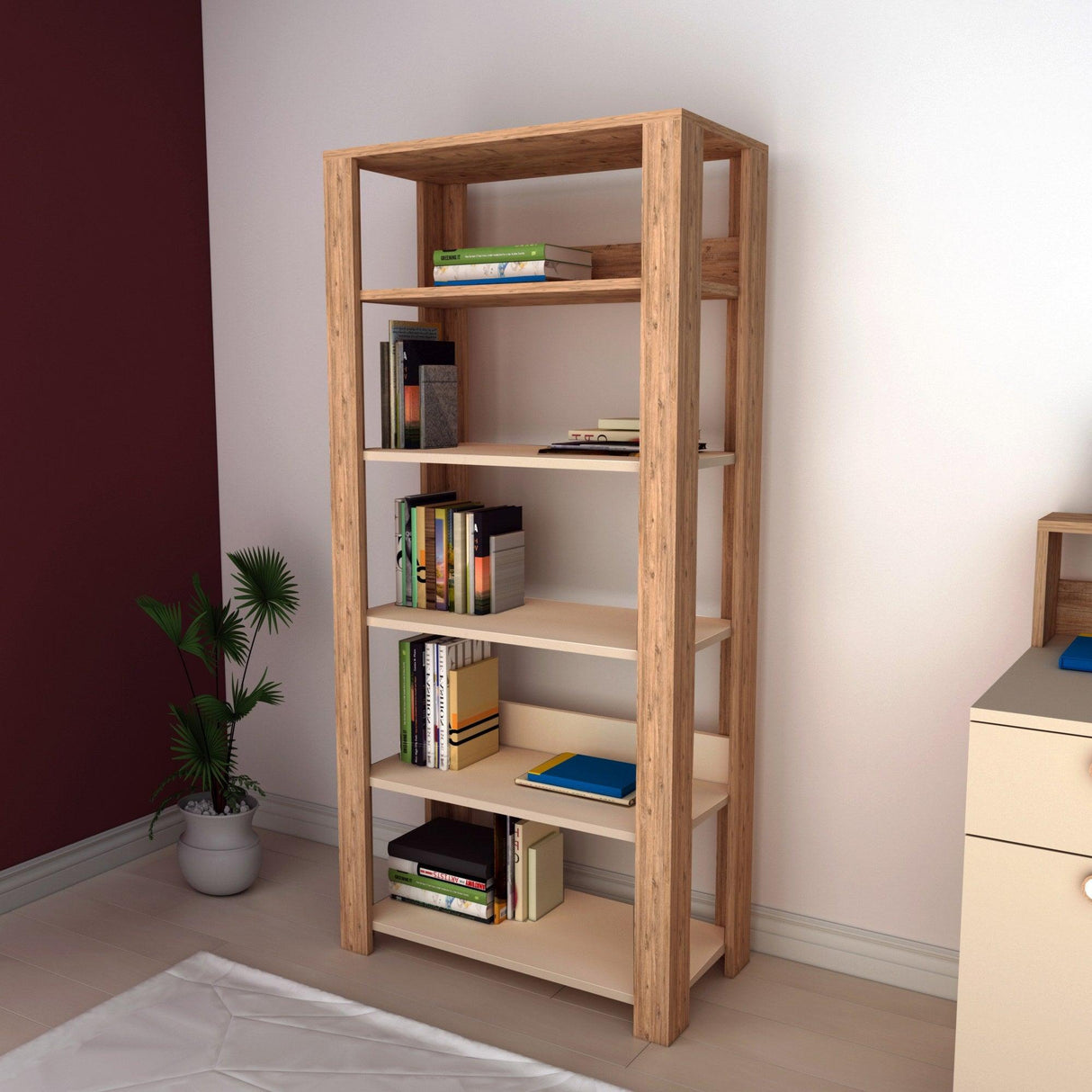 Biblioteca Sneker, 5 Rafturi Wood, Stejar, 76 x 160 x 34 cm