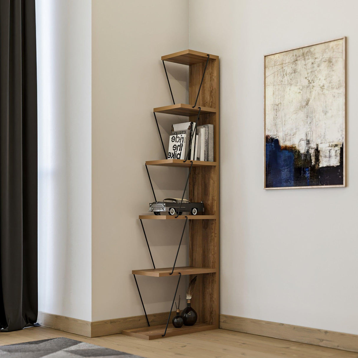 Biblioteca Tlos cu 6 rafturi, diverse culori, 50x150x22 cm - Stejar