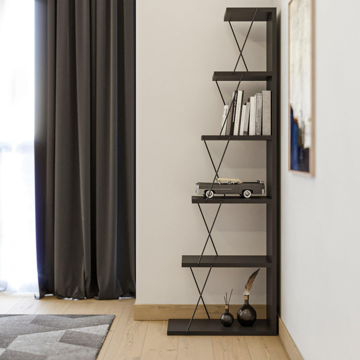 Biblioteca Tlos cu 6 rafturi, diverse culori, 50x150x22 cm - Gri