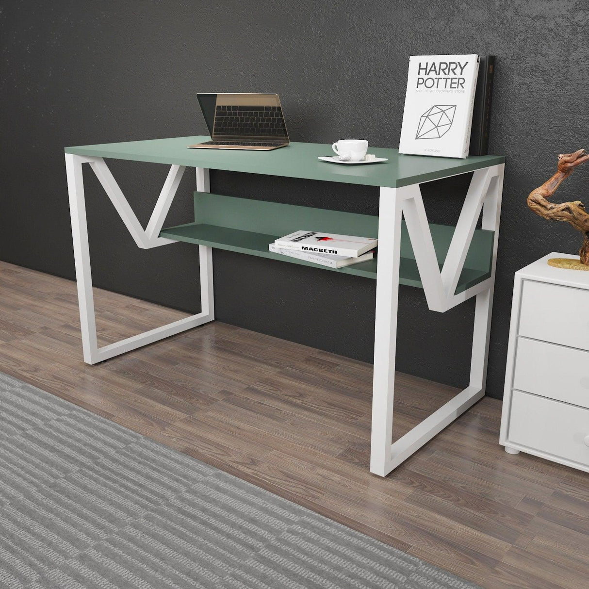 Birou Anol Elegant cu loc de depozitare, 120x73x60 cm - Verde Alb