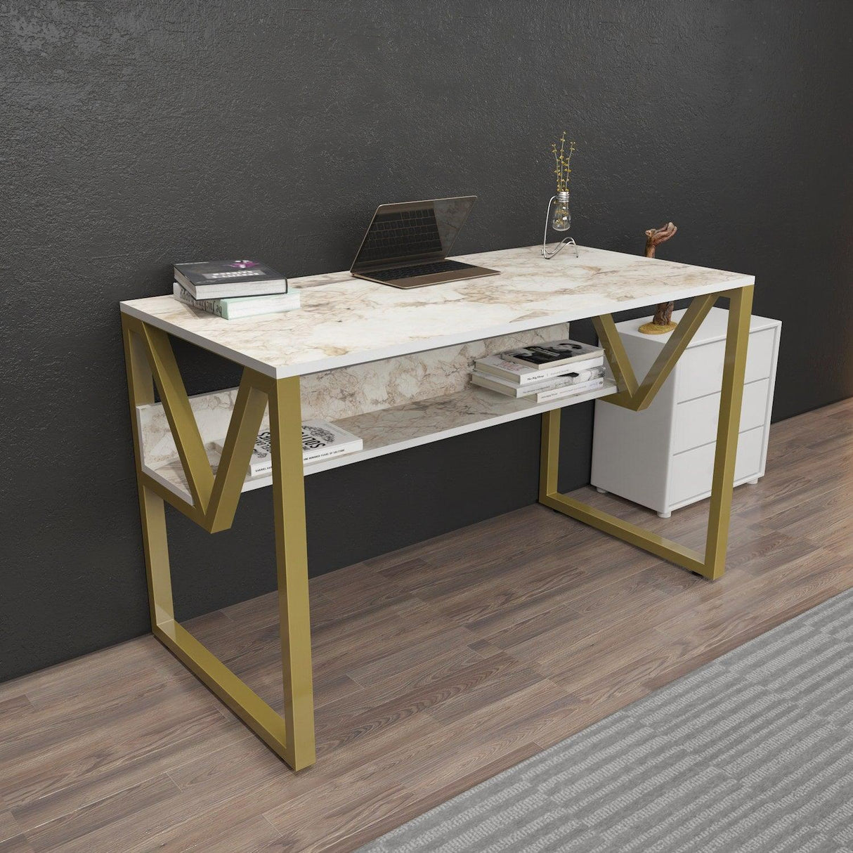 Birou Anol Elegant cu loc de depozitare, 120x73x60 cm - Auriu alb