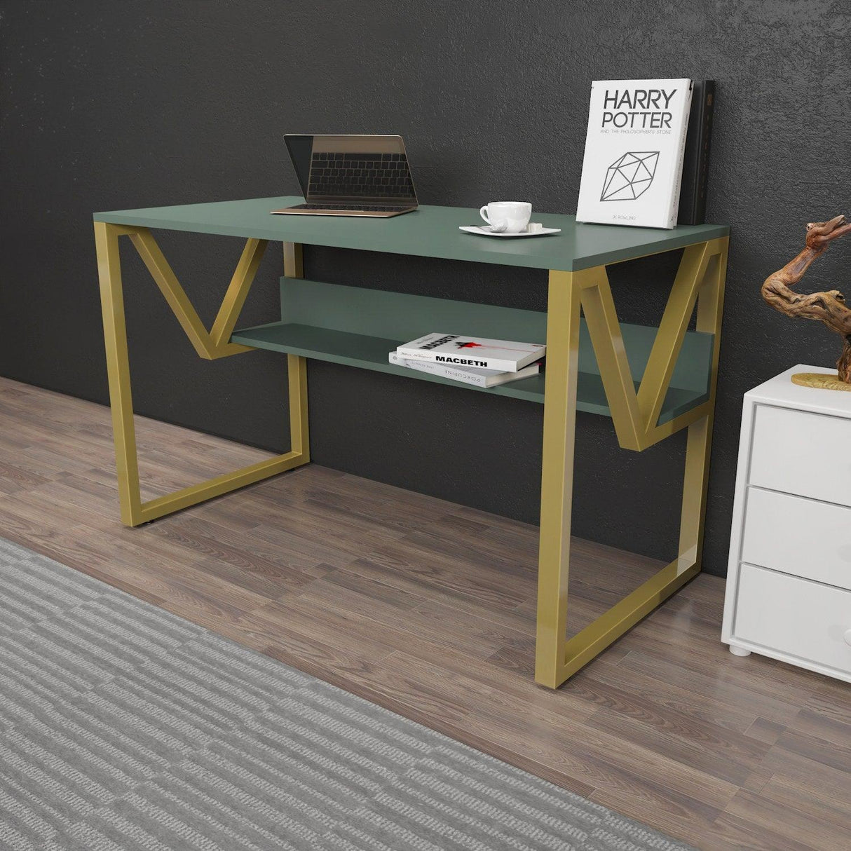 Birou Anol Elegant cu loc de depozitare, 120x73x60 cm - Auriu verde