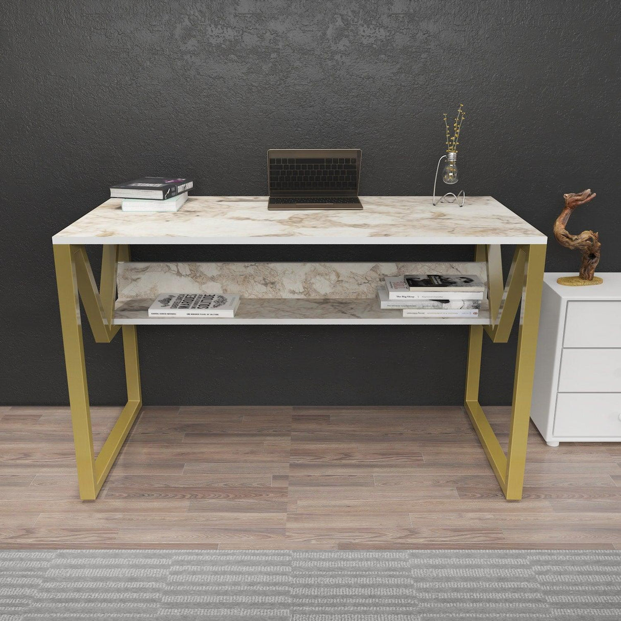 Birou Anol Elegant cu loc de depozitare, 120x73x60 cm - Auriu alb
