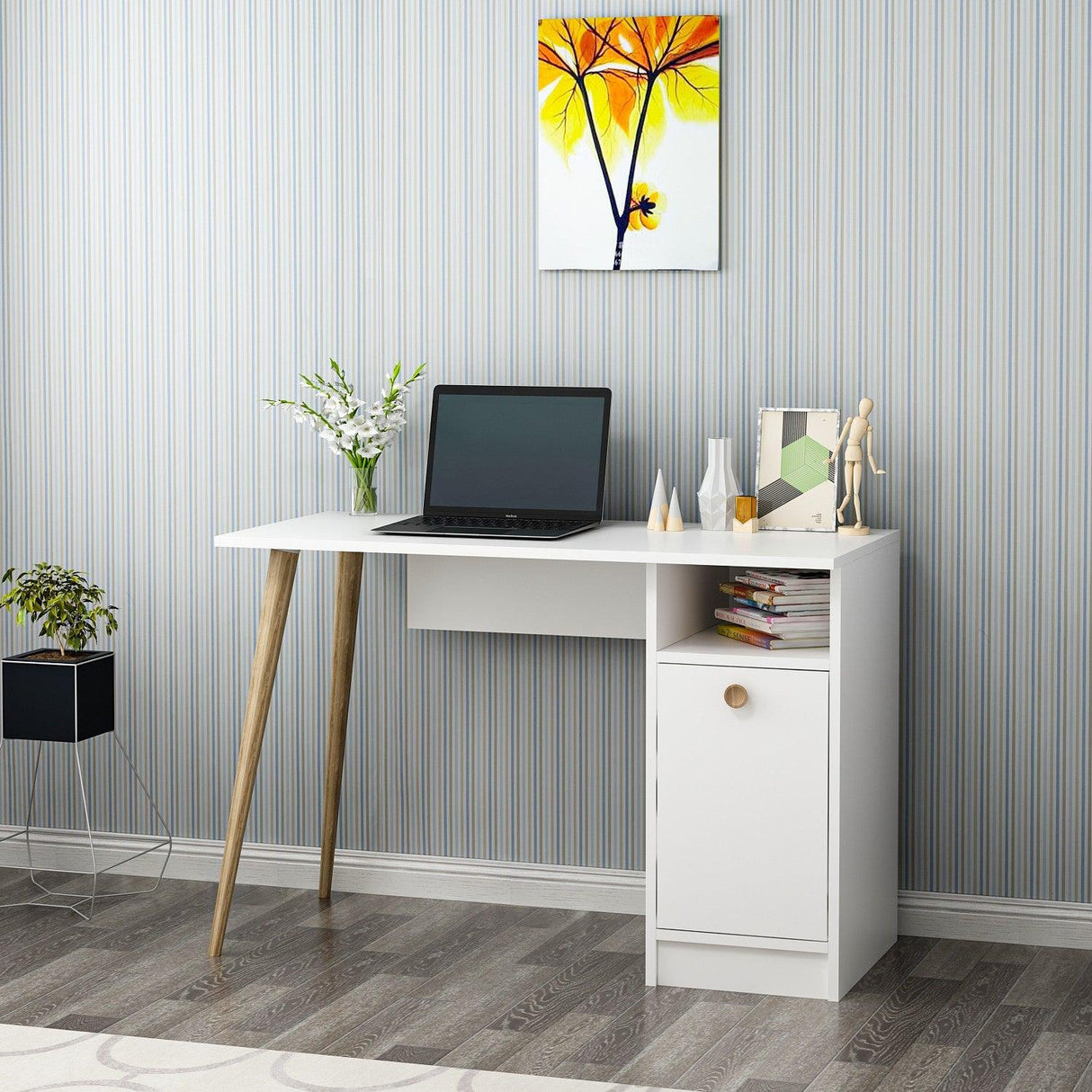 Birou Cannas cu sertar si raft, Alb, 110 x 74 x 50 cm