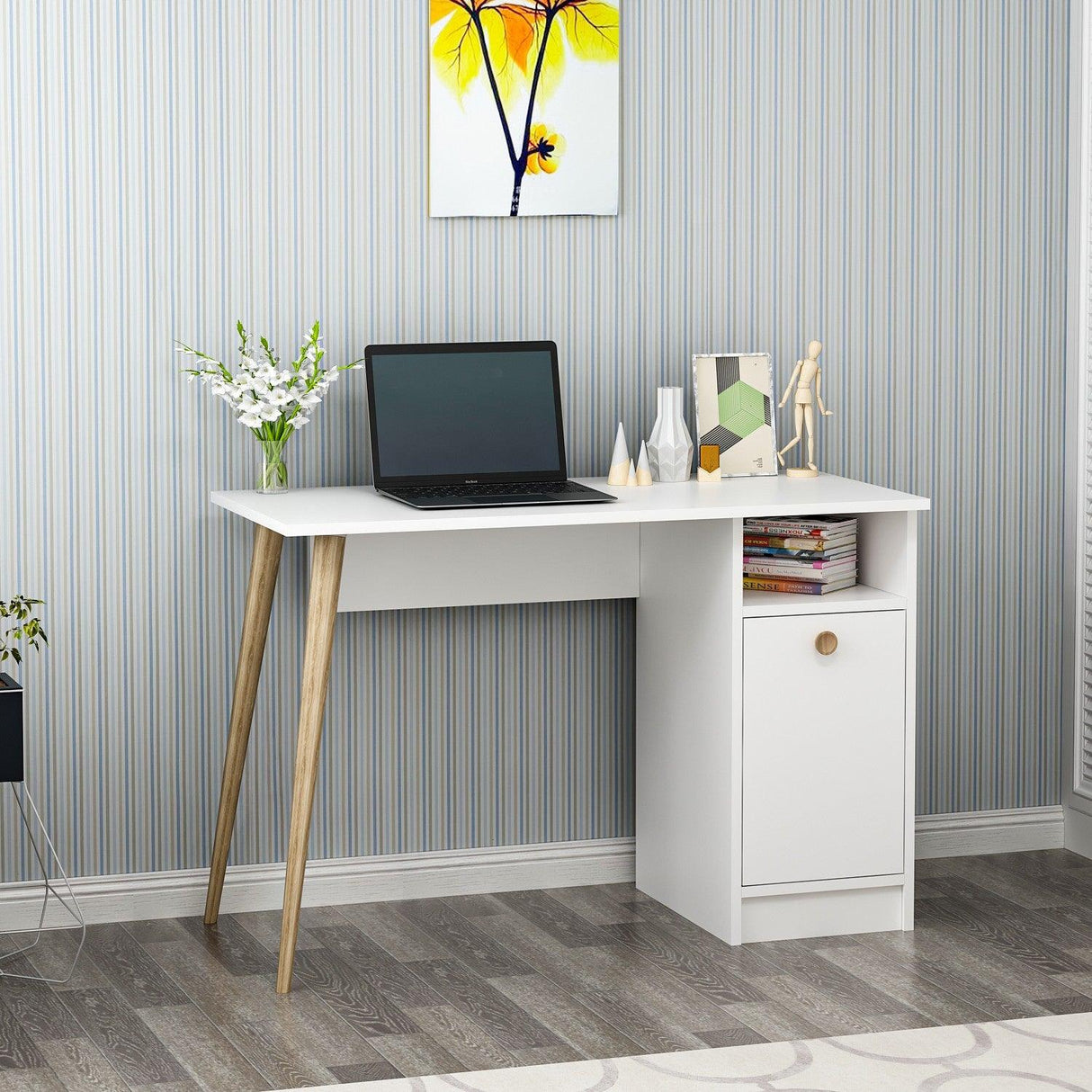 Birou Cannas cu sertar si raft, Alb, 110 x 74 x 50 cm