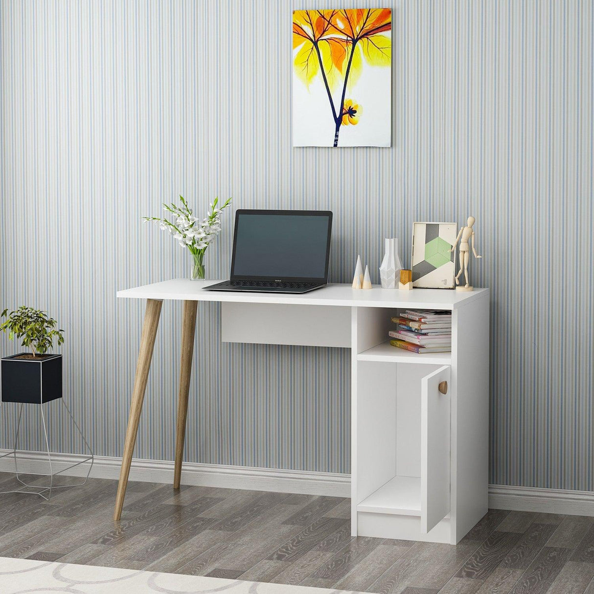 Birou Cannas cu sertar si raft, Alb, 110 x 74 x 50 cm