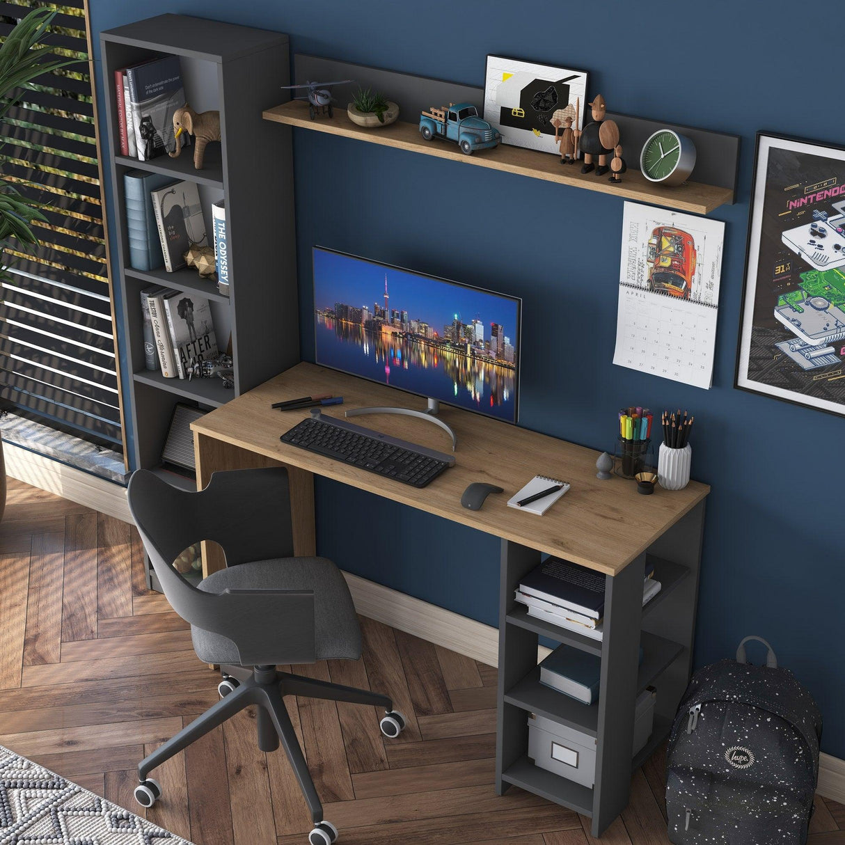 Birou cu Biblioteca Nic cu 9 Rafturi, Gri - Nuc, 160 X 162 X 45 Cm