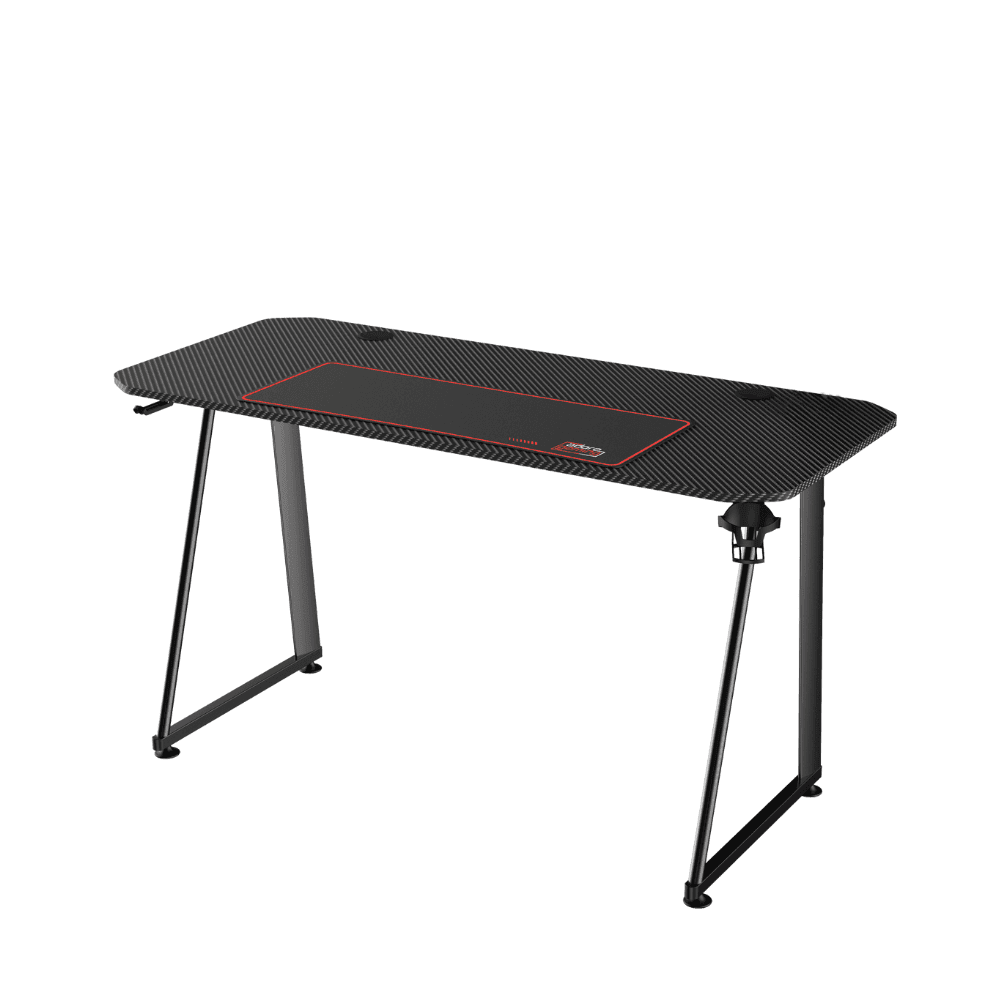 Birou Gaming Adore EXPERT SERIES, 140 x 60 x 75 cm, suprafata Negru carbon, mousepad 80 x 30 cm, suport pentru casti si pahar, reglaj suprafata podea