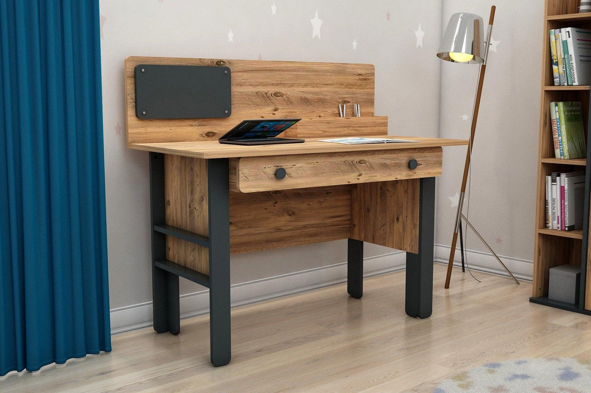 Birou Line Cu Sertar si Panou, Nuc - Antracit, 120 x 106 x 60 cm