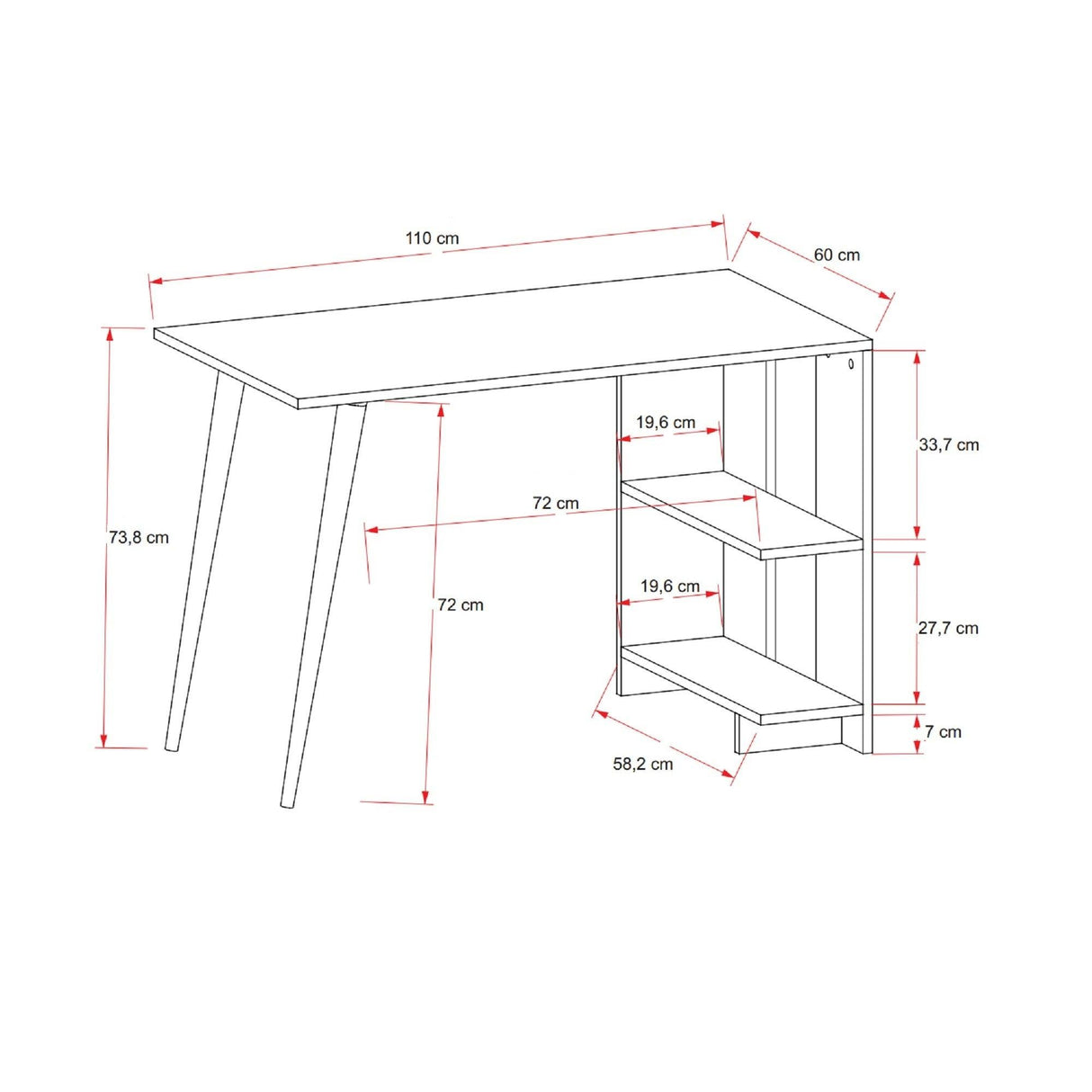 Birou Marla cu 2 rafturi, Gri - Stejar, 110 x 74 x 60 cm