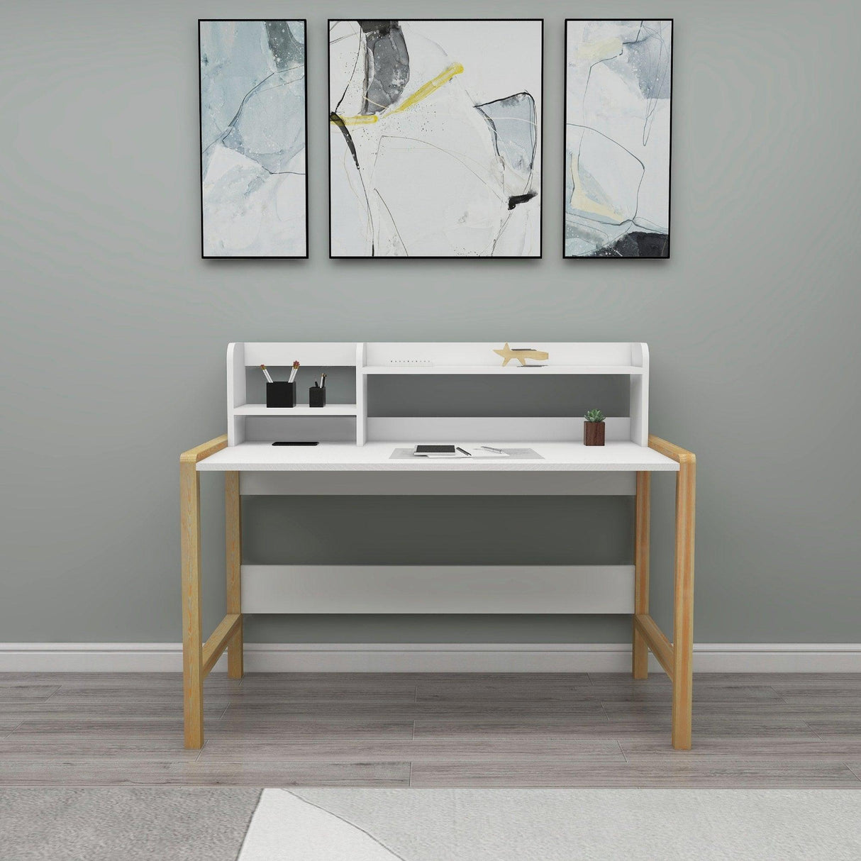 Birou Maynes cu Biblioteca, Picioare Lemn, Stejar - Alb, 128 x 103 x 60 cm