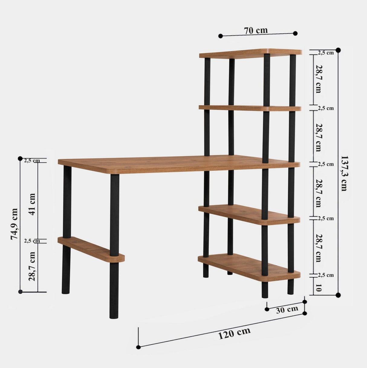 Birou Nano cu Biblioteca cu Rafturi, Stejar, 120 x 75 x 70 cm