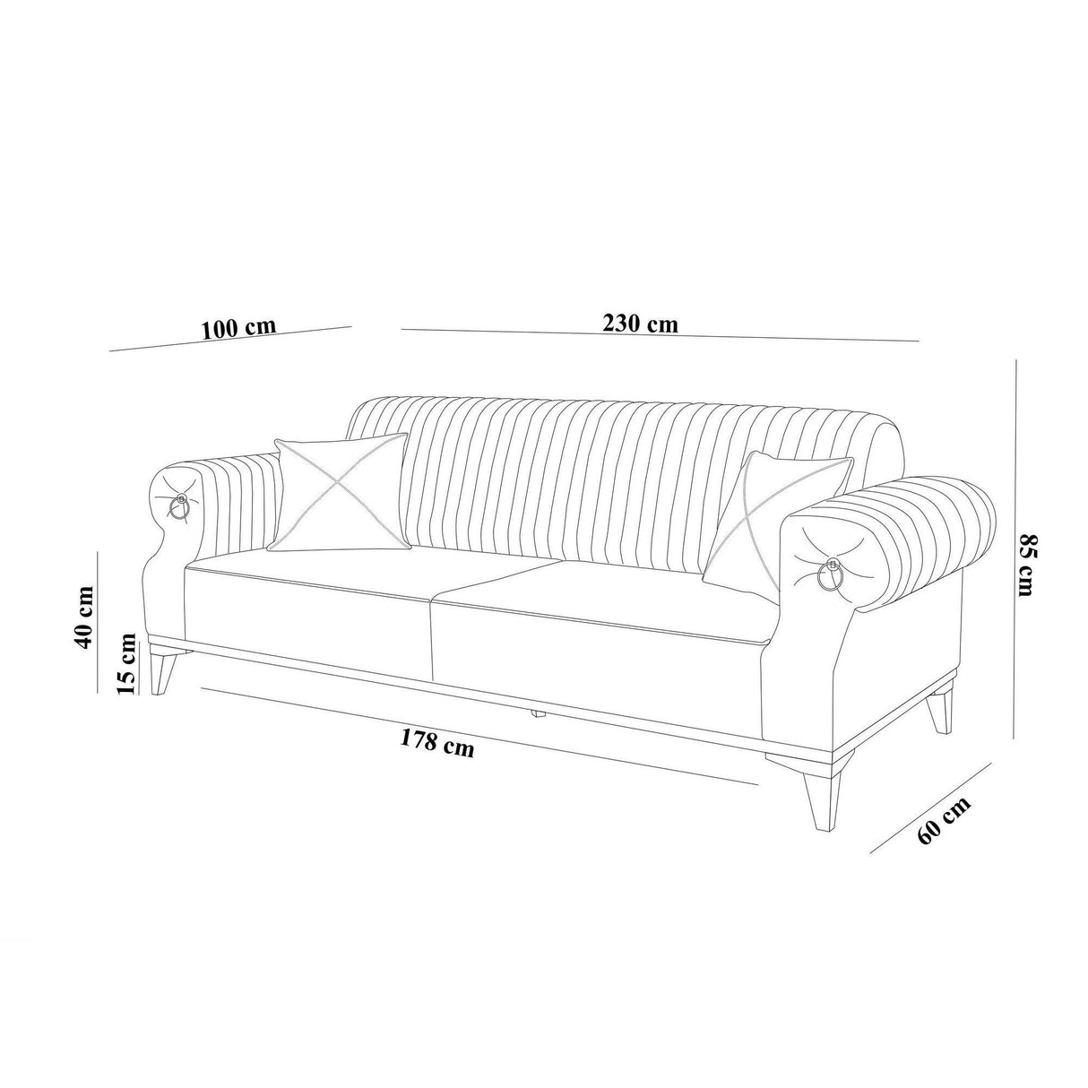 Canapea Fixa cu 3 locuri Mertens , Rosu bordo, 100x85x230 cm