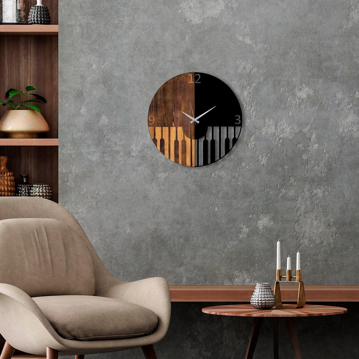 Ceas de perete decorativ din lemn Piano, Nuc, 3x56x56 cm