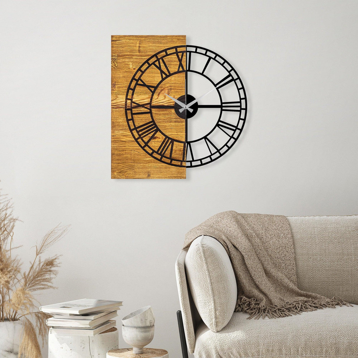 Ceas de perete decorativ din lemn Wooden Clock 10, Nuc, 3x58x55 cm