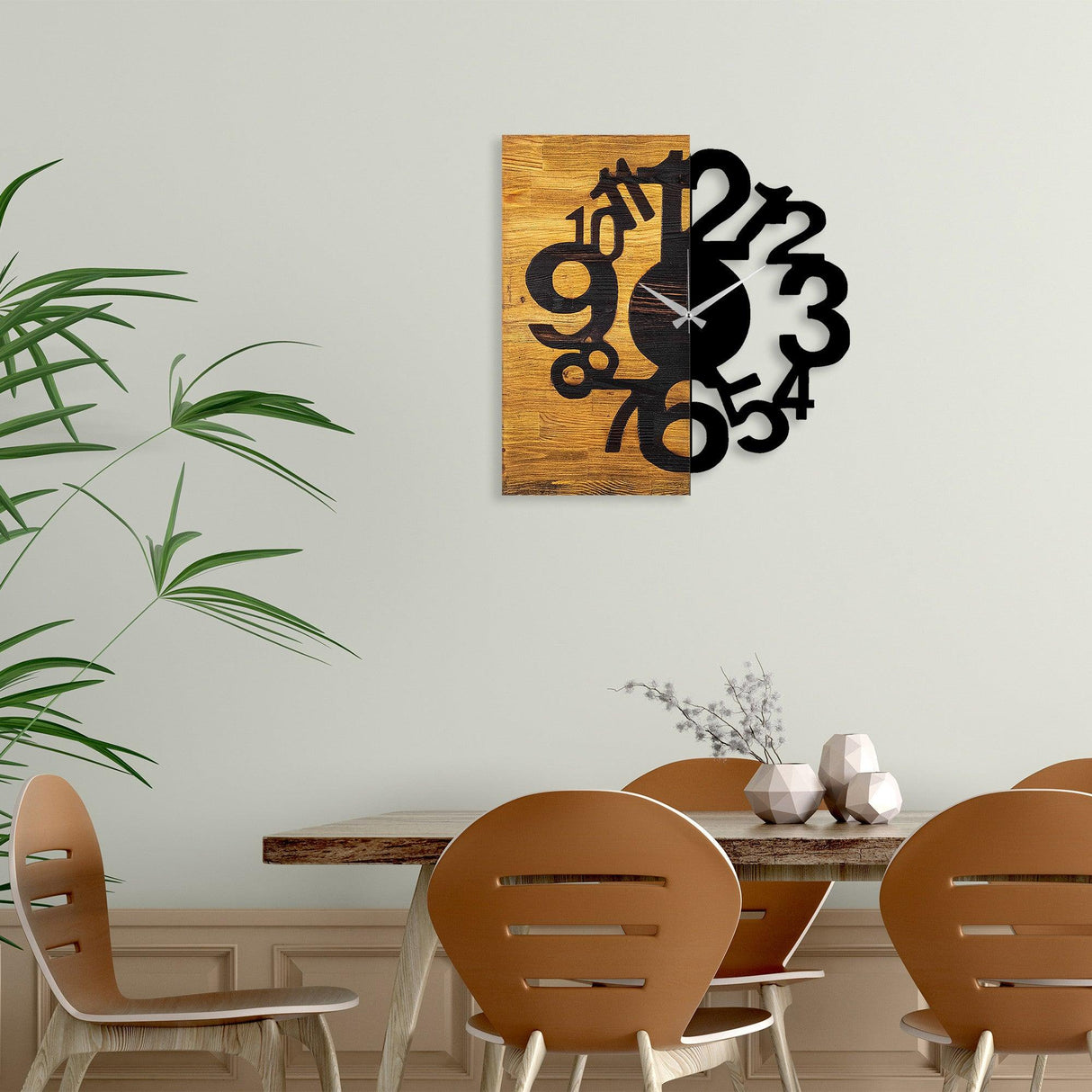 Ceas de perete decorativ din lemn Wooden Clock 13, Nuc, 3x58x55 cm