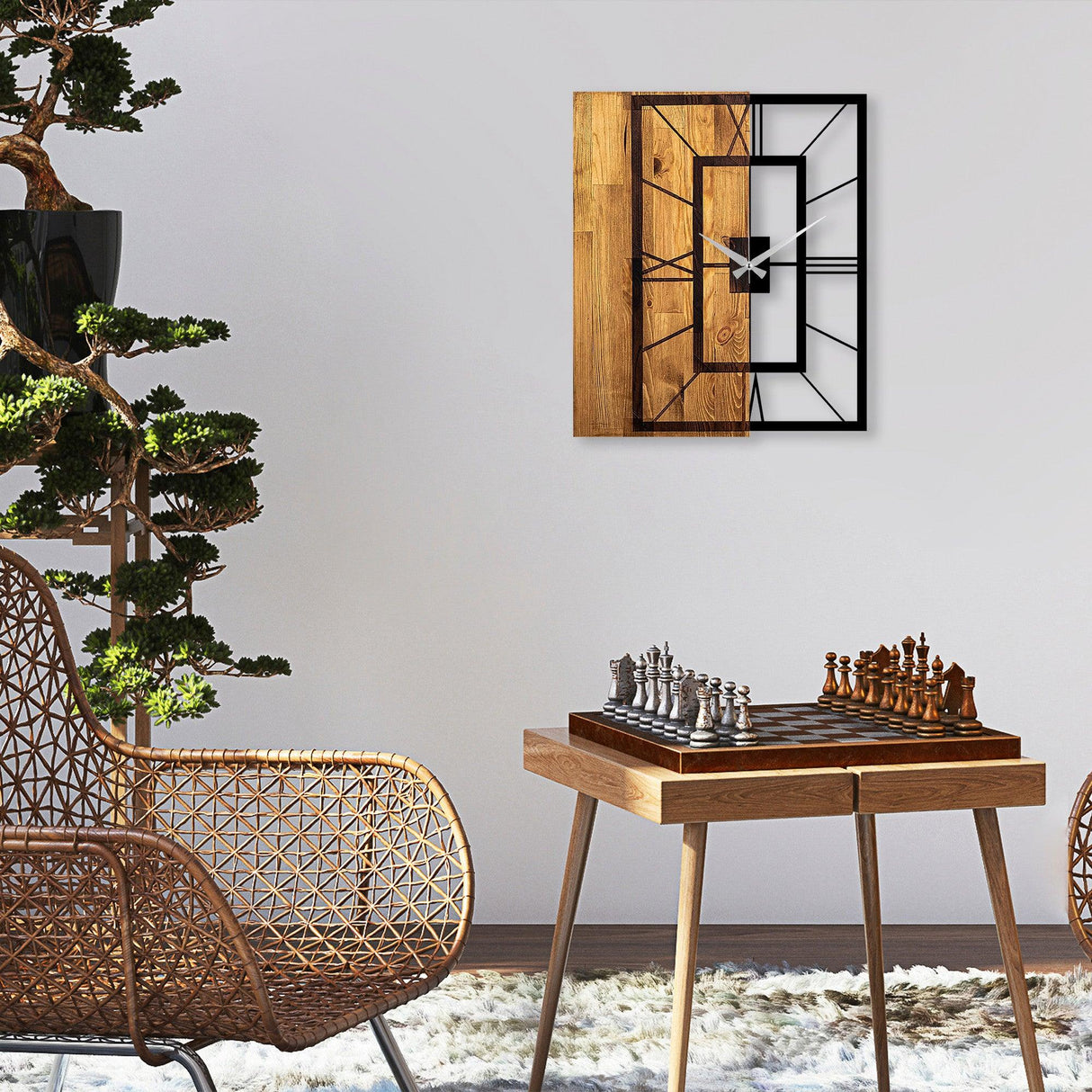 Ceas de perete decorativ din lemn Wooden Clock 37, Nuc deschis, 58x3x49 cm