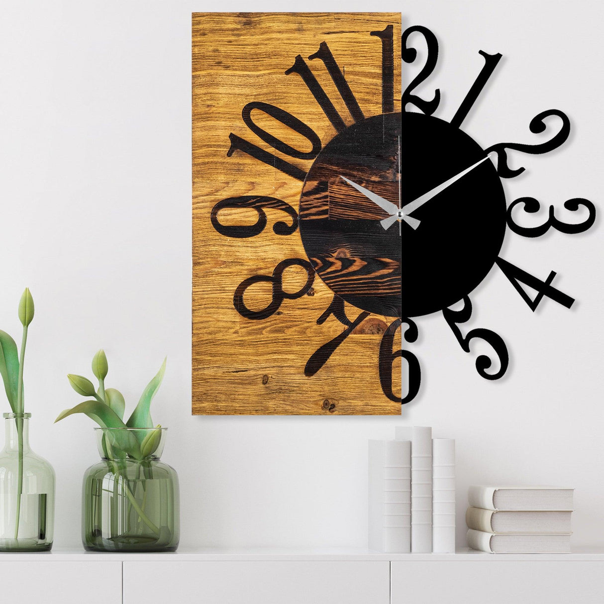Ceas de perete decorativ din lemn Wooden Clock 7, Nuc, 3x58x58 cm