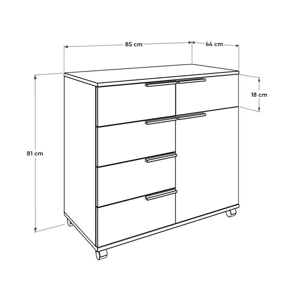 Comoda Adore Diamond, 1 usa, 5 sertare, cu rotile, Alb Lucios, 85x44x81 cm
