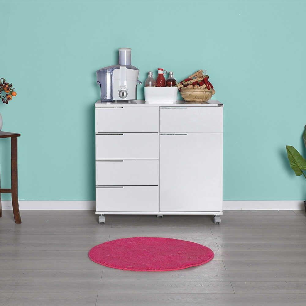 Comoda Adore Diamond, 1 usa, 5 sertare, cu rotile, Alb Lucios, 85 x 44 x 81 cm