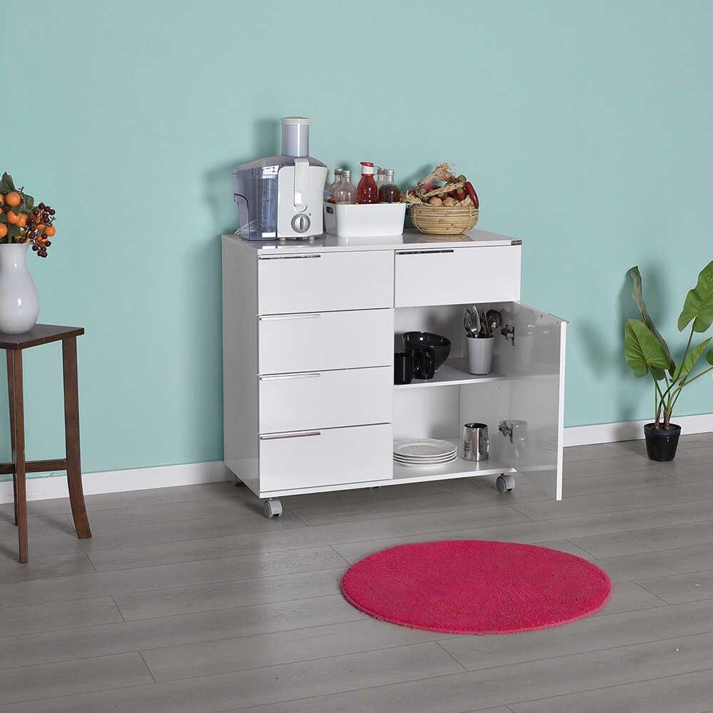 Comoda Adore Diamond, 1 usa, 5 sertare, cu rotile, Alb Lucios, 85 x 44 x 81 cm