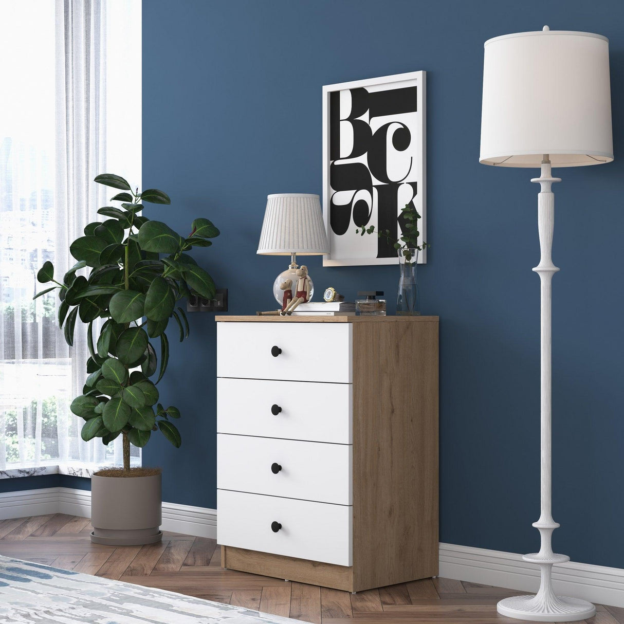 Comoda Dalin cu 4 Sertare, Alb - Nuc, 60 X 83 X 42 Cm